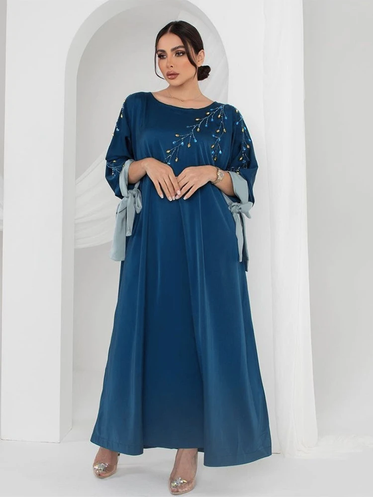 Eid Morocco Muslim Dress Women Diamond Satin Abaya Lace-up Party Kaftan A-line Dresses Woman Dubai Islam Long Robe Vestidos 2024