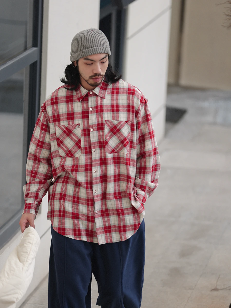 

Noears Japanese Sle Vintage Waed Cotton Red Plaid Long Sve Loose irt Autumn Winter Casual Layering oulder irt