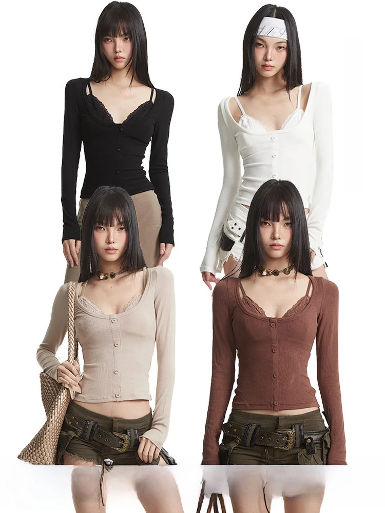 

Сексуальная женская футболка с кружевными вставками, имитация двухслойности, с длинным рукавом, для повседневной носки, влагоотводящая, короткая.