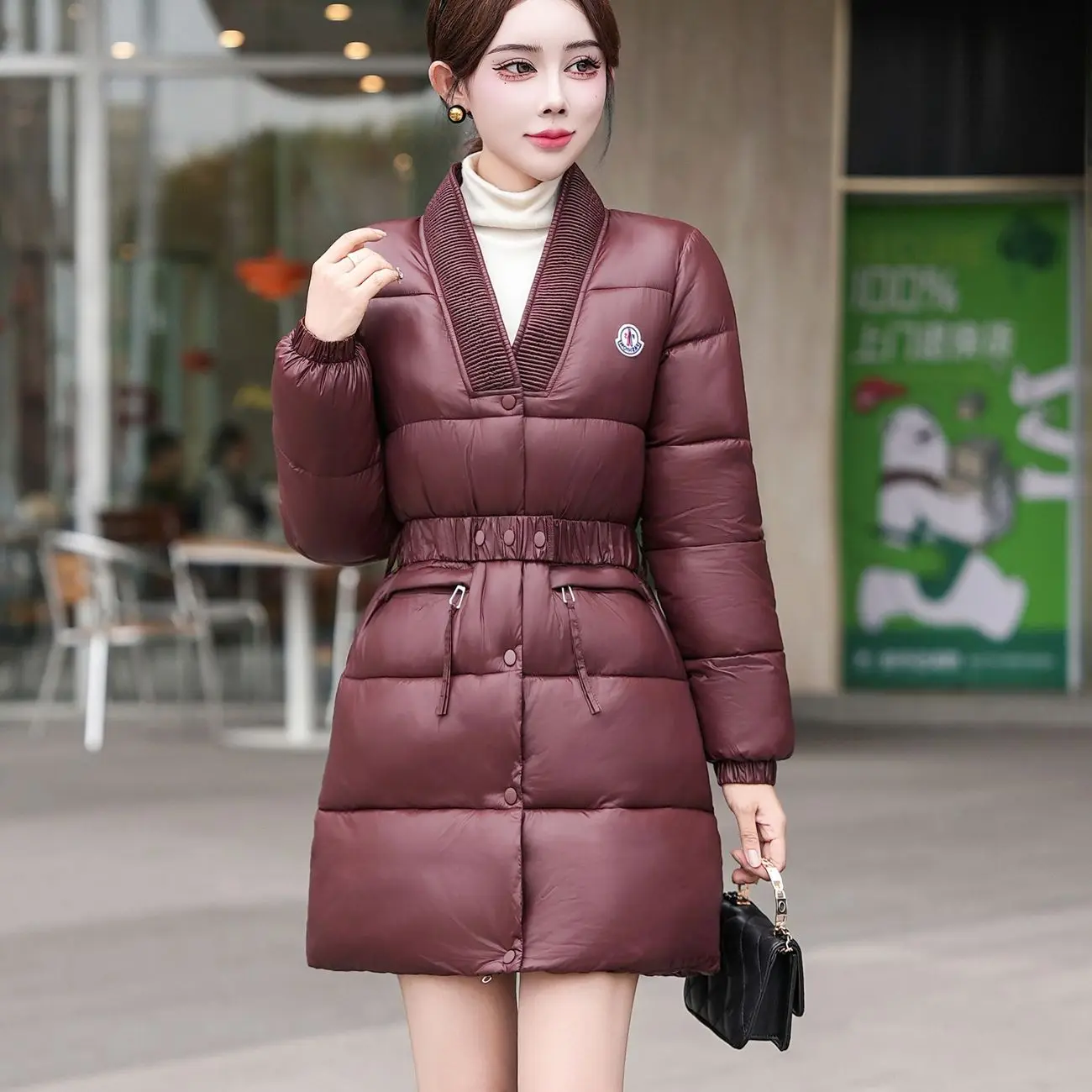 冬のファッションウエストコットンコート女性2025ミッドロングパファーコートジッパーポケットオーバーコートパーカー女性ダウンコットンジャケット