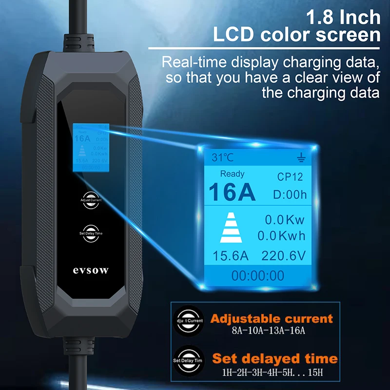 evsow شاحن سيارات كهربائية Type1 3.5KW 16A 1P J1772 شاحن سيارة كهربائية لشحن السيارة EVSE Wallbox ضبط الحالي ومجموعة وقت الشحن #2