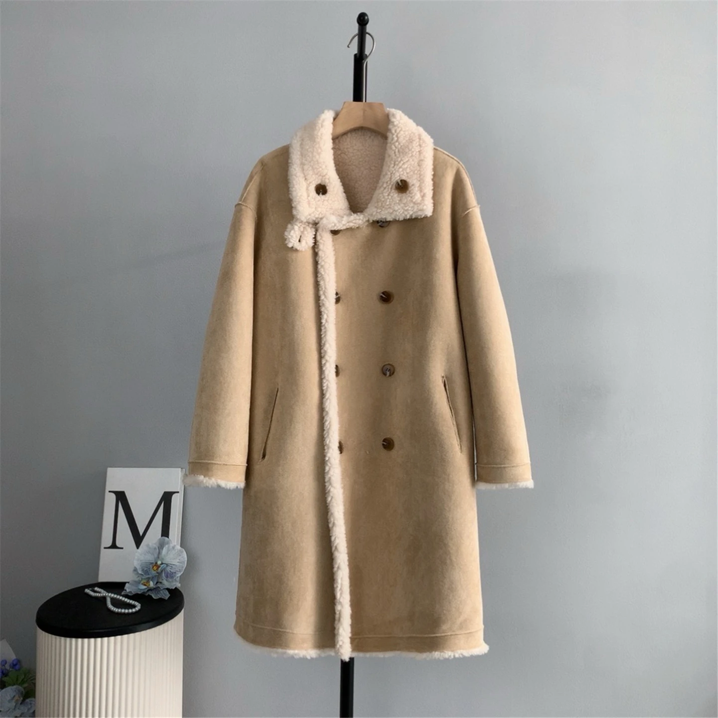 معطف نسائي متكامل من الفرو مزدوج الجوانب للخريف والشتاء معاطف لامبير مزدوجة الصدر موضة من جلد الغزال سترة دافئة سميكة