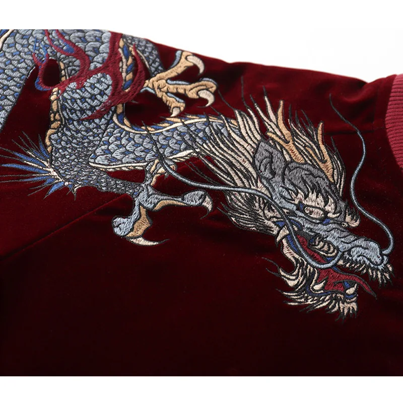 Thicken Bomber Jacket Men Dragon Phoenix Animal Embroided Jbaseball Ackets Winter Japanese Retro Outwear Warm Velvet Coat 2022