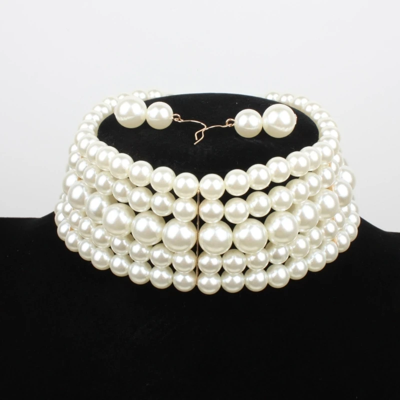 

Imitation Pearl Necklace & Earrings Multilayer Pearl Choker Statement Jewelry