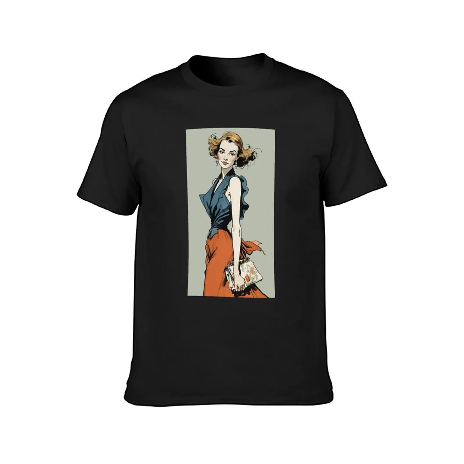 “French Allure in Paris” No.53. Vintage Red Blue Fashion Pop Art Woman Illustration Drawing Sketch Art By Carraann T-Shirt