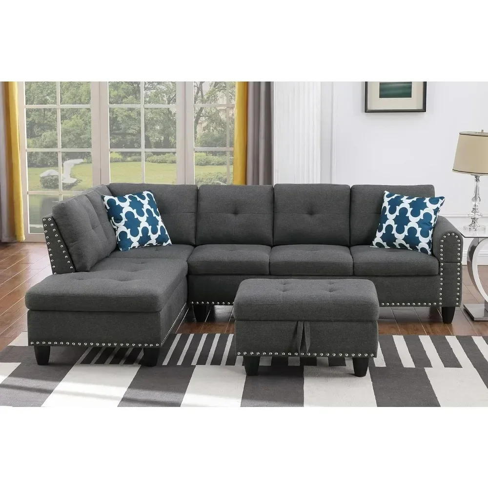 

Living Room Sofa Set, 98-Inch L-Shaped Couch with Storage, Left Facing Chaise, 2 Cup Holders, 2 Throw Pillows, Dark Gray A