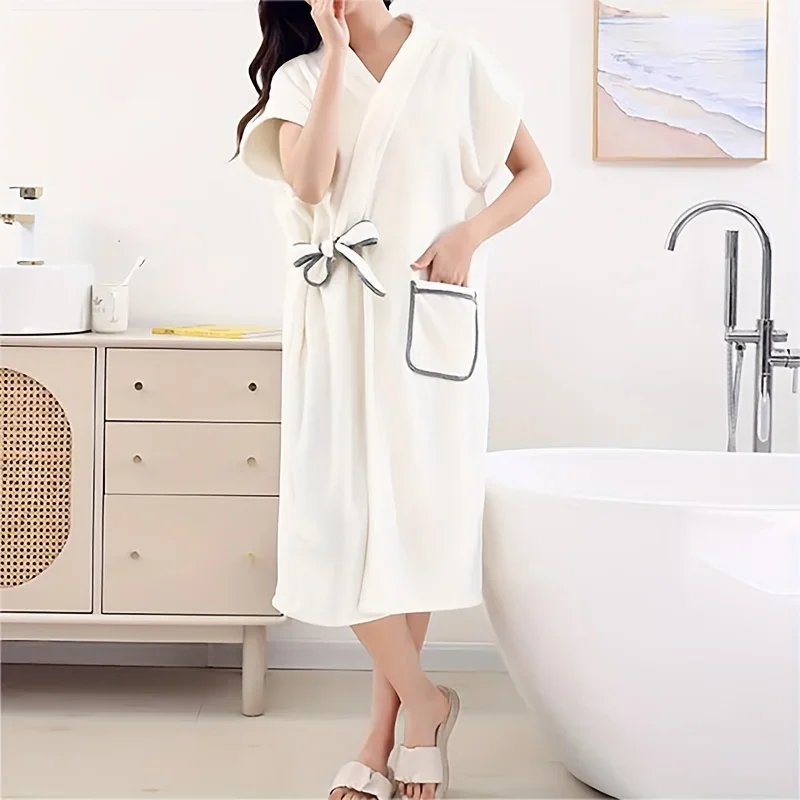 1 Stück Damen bademantel mit Taschen saugfähiges ärmelloses Nachthemd weicher warmer pelziger Spa-Bademantel für Badezimmer Schlafzimmer Spa