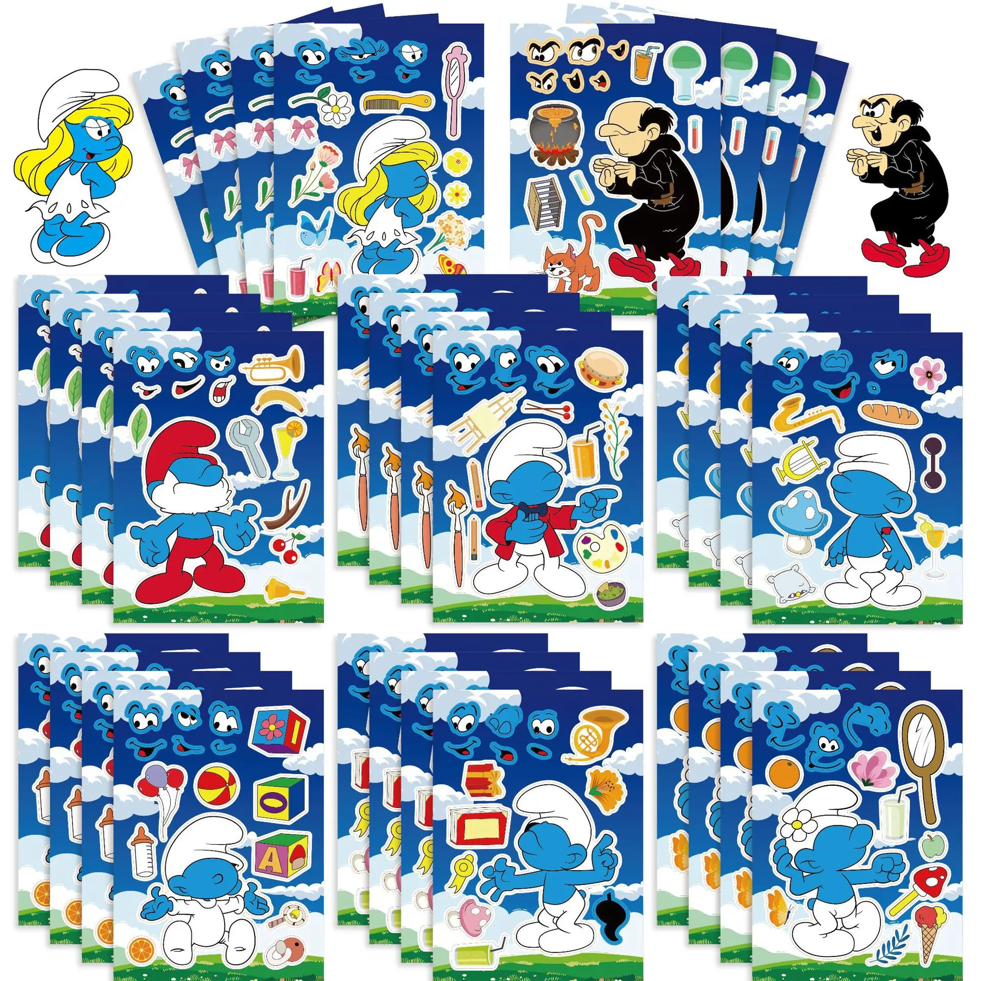 Smurfs Puzzle Sticker Cartoon Make A Face Stickers Stationery DIY Collage Educational Toy Parent-child Interactive Children Gift