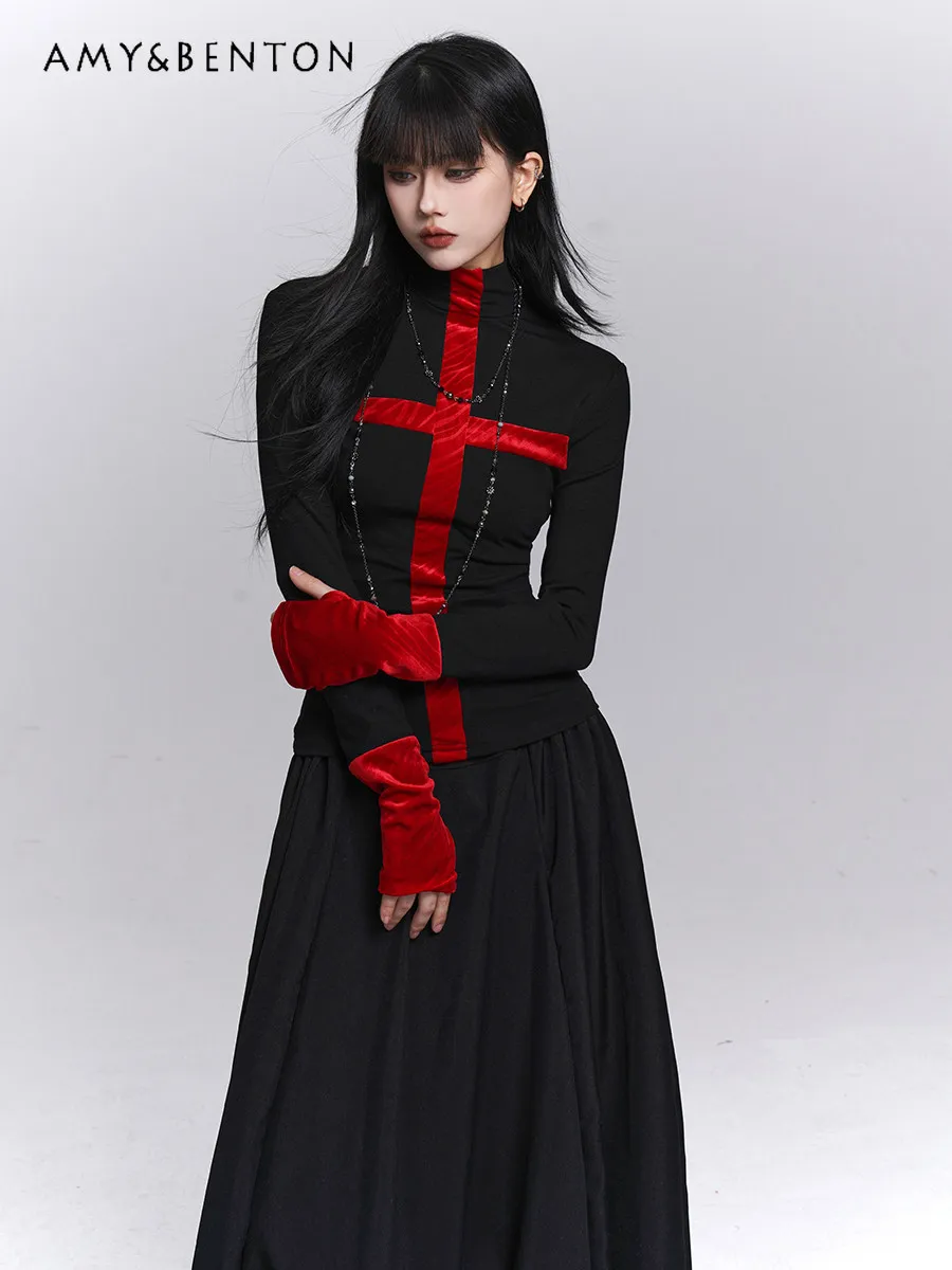 

Spring and Autumn New Dark Gothic Subculture Style Women's Semi-turtleneck Long-sleeved Black and Red Slim-fit Top