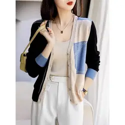 spring autumn new Contrast color sweater women High street V-neck Long Sleeve Button patchwork Cardigan elegant knitting tops