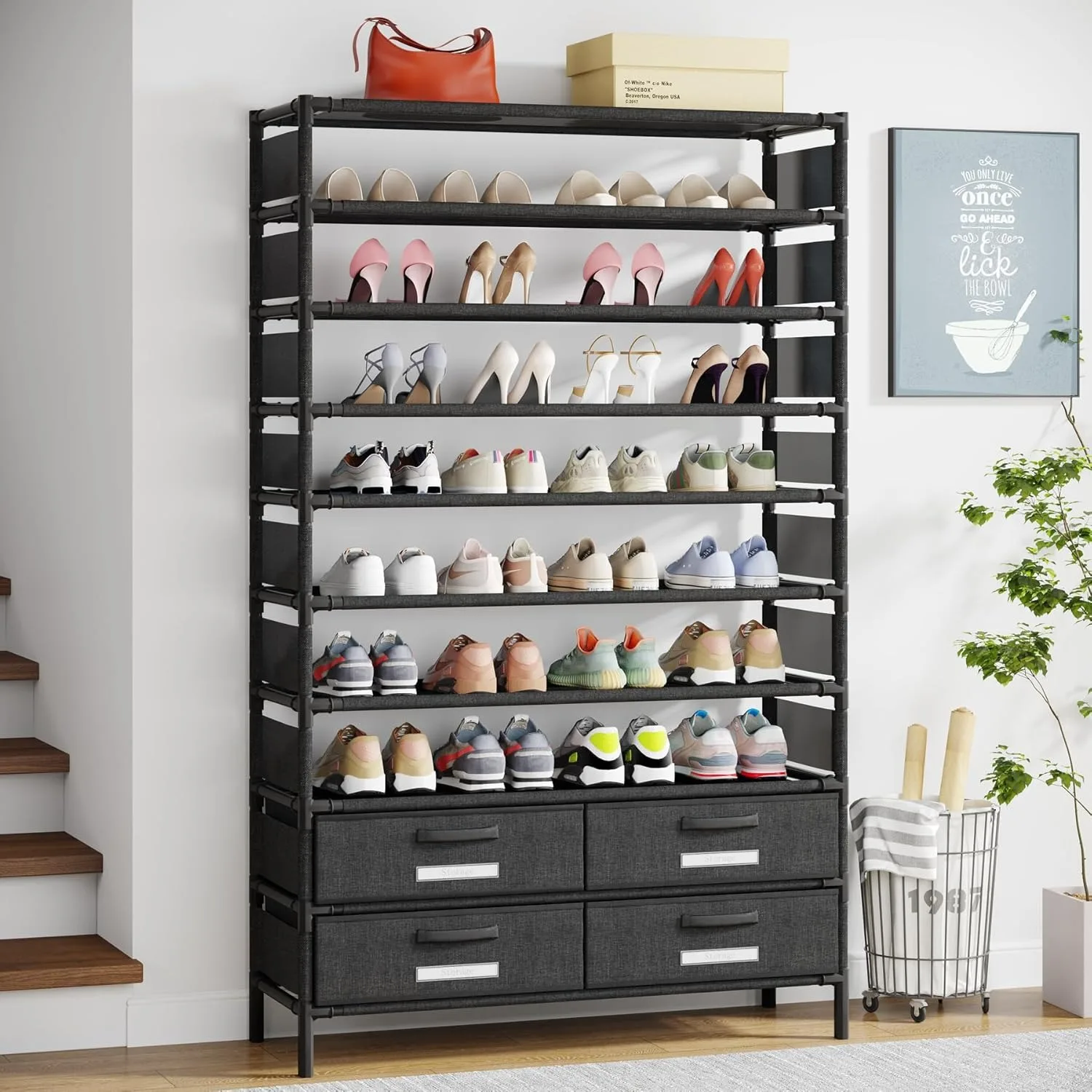 bookshelf with 4 Bins Drawers for Closet Entryway, Vertical Shoe Racks Free Standing wardrobes, clothes rack image 2