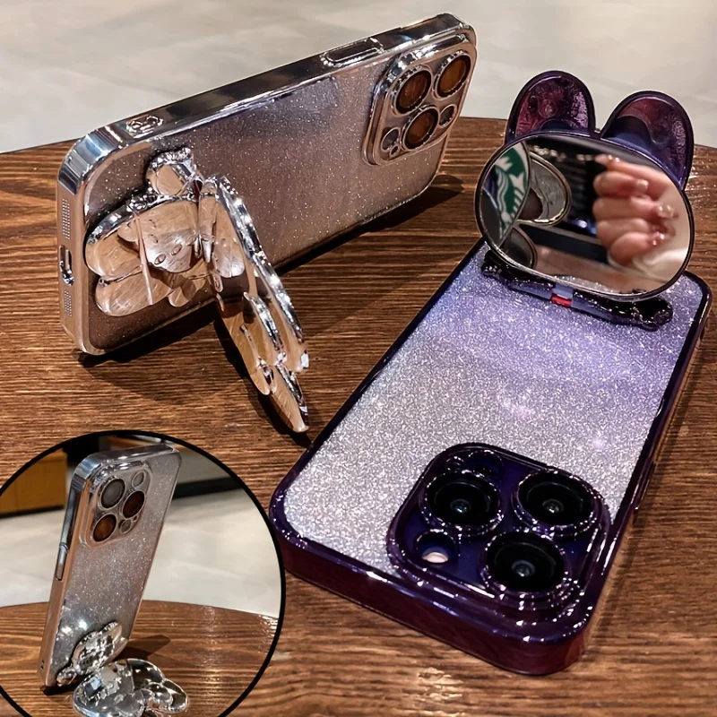 Glitzernder Hasenspiegel mit Farbverlauf und Halterung für iPhone 16 11 12 13 14 Plus 15 Pro Max, Linsenschutz, weiche TPU-Abdeckung – Detail 10