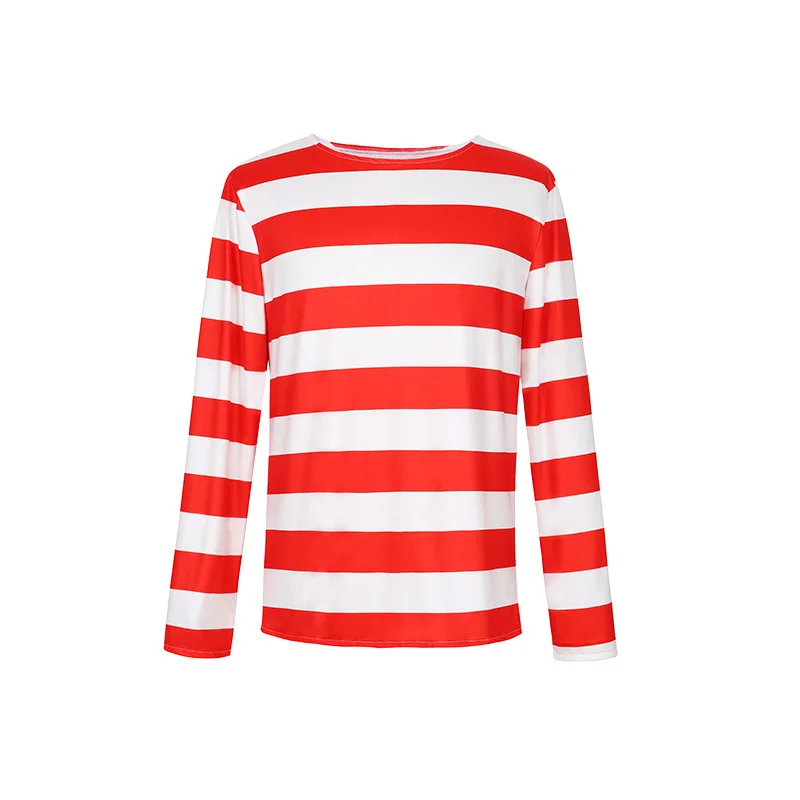 Parent-child Cartoon Where is Wally Waldo Costume Waldo Book Week Cosplay Outfit Stripe Long Sleeve Shirt Hat Glasses Halloween