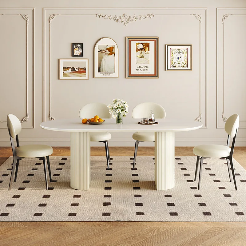 

Cream Wind Rock Slab Dining Table Oval Household Small Apartment Pure White Rock Slab Dining Table And Chairs