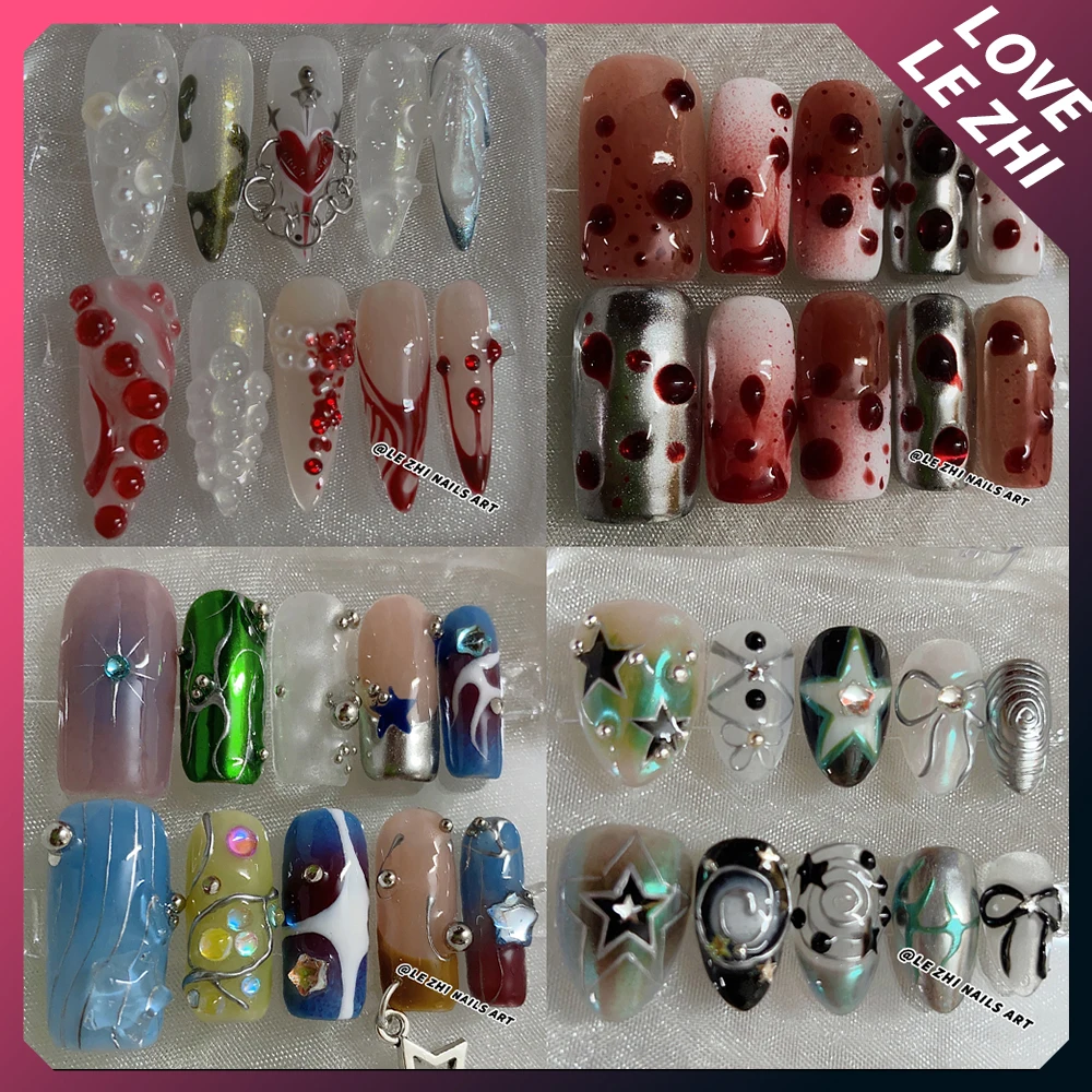 

Y2K Spice Girl Handmade Long Square Almond Press On Nails Magic Mirror Powder Diamond Flowers Water Drop Star Reusable Fake Nail