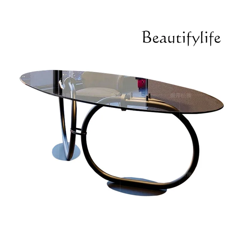 

Light luxury high-end tempered glass dining table household modern creative art oval metal dining table dining table