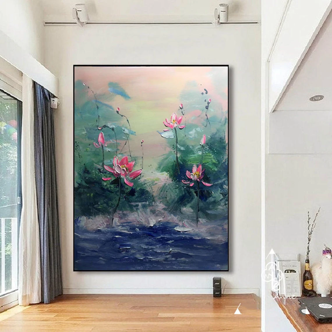 

Blooming Lotus Oil Painting Hand Painted Lotus Pond Abstract Wall Art Flower Abstract Handmade Paintings Extra Large Living Room