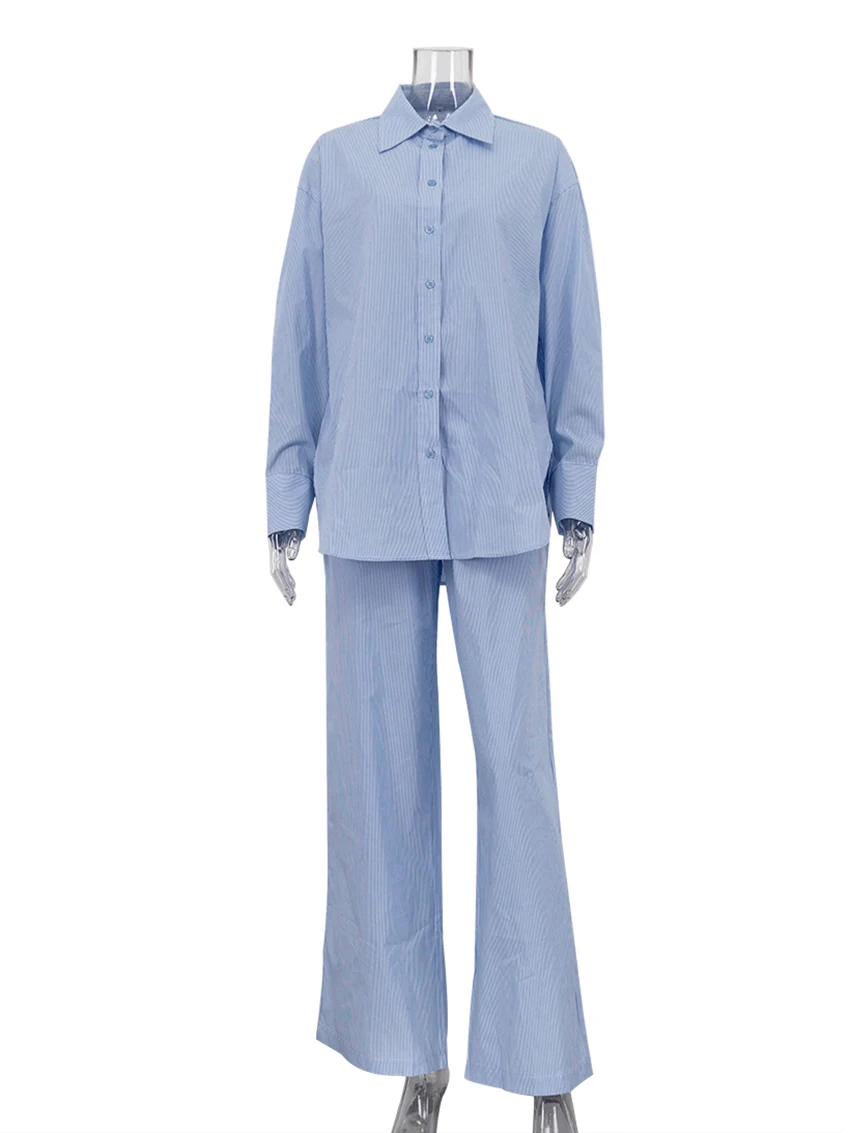 Marthaqiqi Striped Female Nightgowns Set Long Sleeve Nightwear Turn-Down Collar Pajama Pants Causal Women Sleepwear 2 Piece Suit