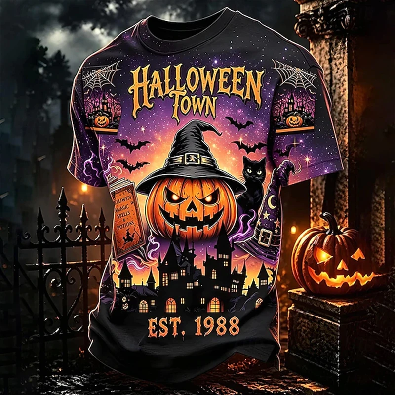 Men's Halloween Crew-Neck Short-Sleeve T-Shirt Stylish Tee with Spider Pumpkin and Skull Prints Retro Horror Streetwear Style