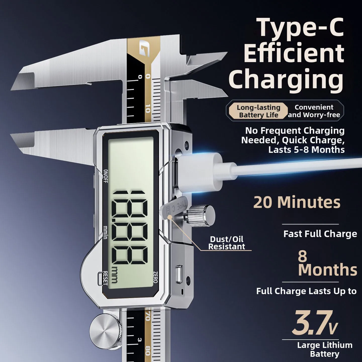 Digital Caliper with Type C Charging Port 150 200 300mm 0.01mm Resolution Stainless Steel 3.5mm Thickness ABS Case