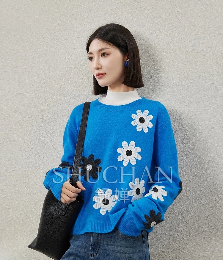 Handmade Crochet, All-wool Crew Neck Knitted Sweater Women Winter Clothes Women  Long Sleeve Top Pullover Pull Femme