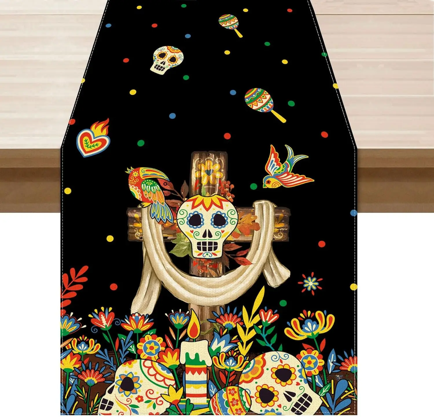 

Mexican Day of The Dead Cross Sugar Skull Table Runner Party Decor Farmhouse Kitchen Dining Table Runner Day of The Dead Decor