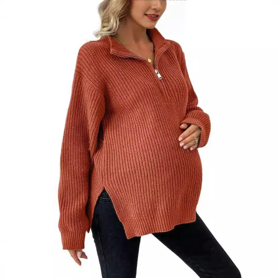 Maternity Clothings Sweaters Brick Red Knitted Temperament Commuting Sweater Maternity Loose Type Sweater Maternity Wear Clothes