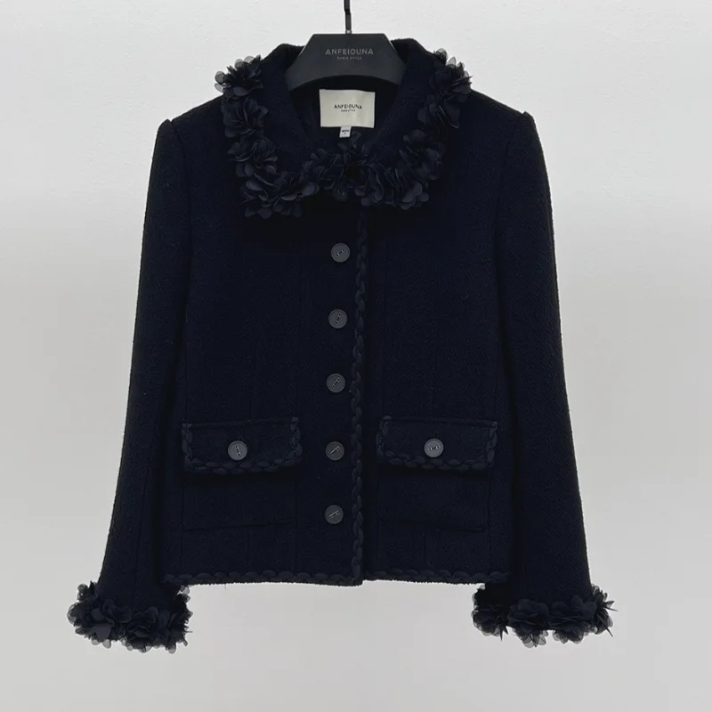 

Black Fragrance Sweet Long-sleeved Short Coat Women Lapel Tweed Stitching 3D Flowers Fashion Vintage French Women's Coat