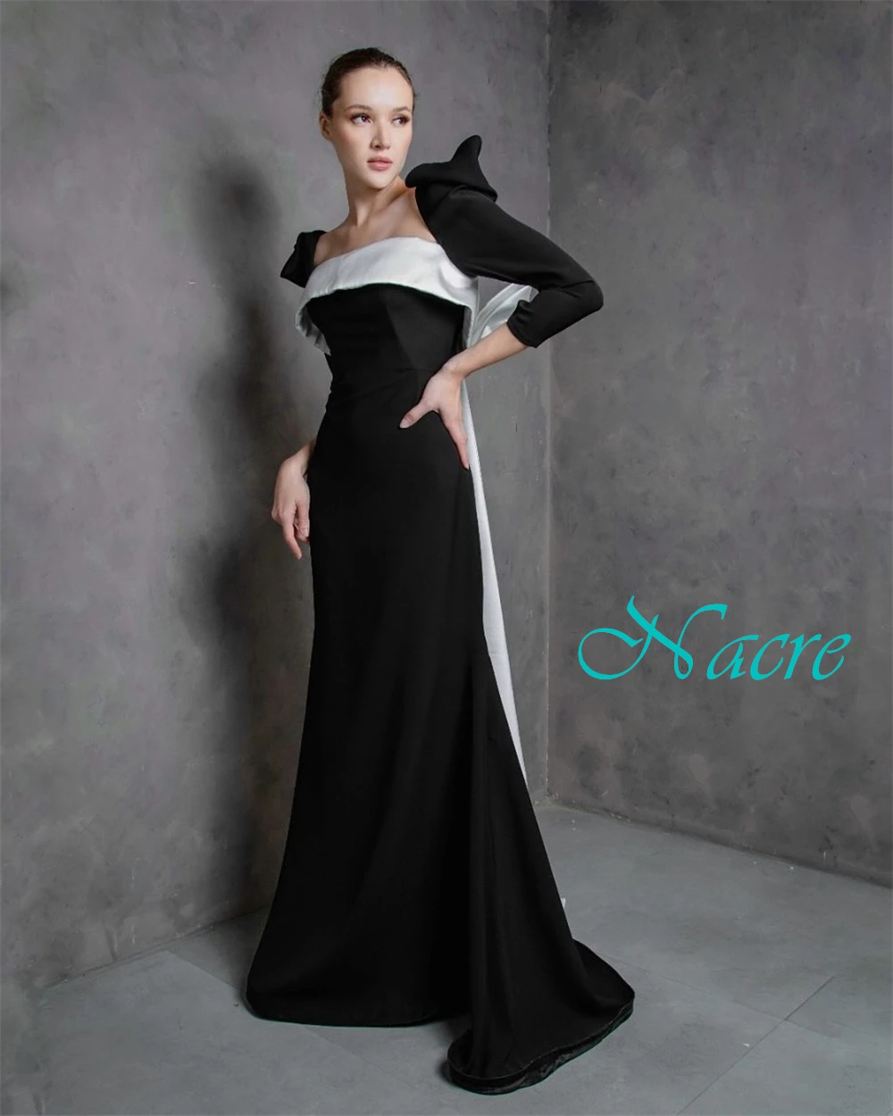 カスタマイズされたファッションサテンコントラストカラーイブニングドレス繊細な長袖ウエディングドレス繊細なリボン特別な日のドレス