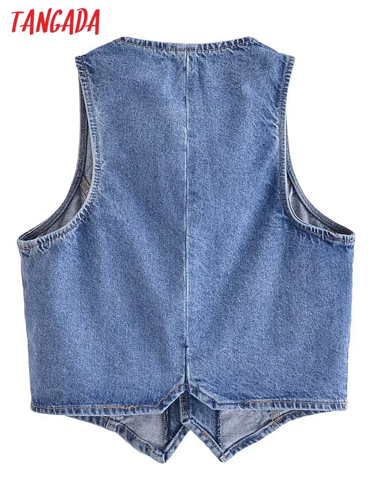 Tangada Women 2023 Blue Denim Crop Waistcoat Vintage V Neck Sleeveless Female Outerwear 6P180