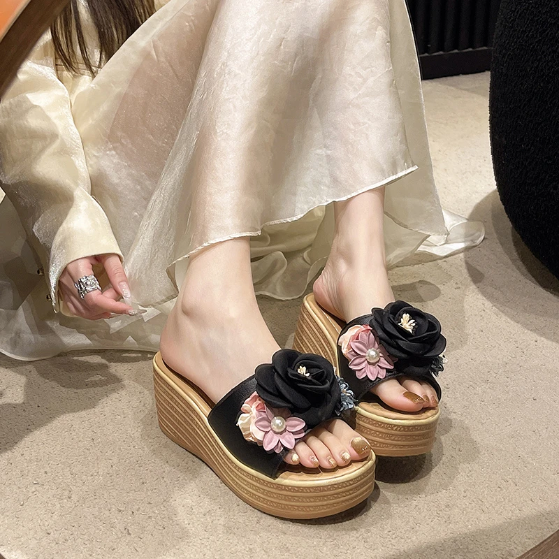 Damen Keilsandalen 2026 Neue Sommer Damen Slip-on Hochhackige Modische Damenschuhe Bequeme Blumen Outdoor Plateau-Sandalen – Detail 8
