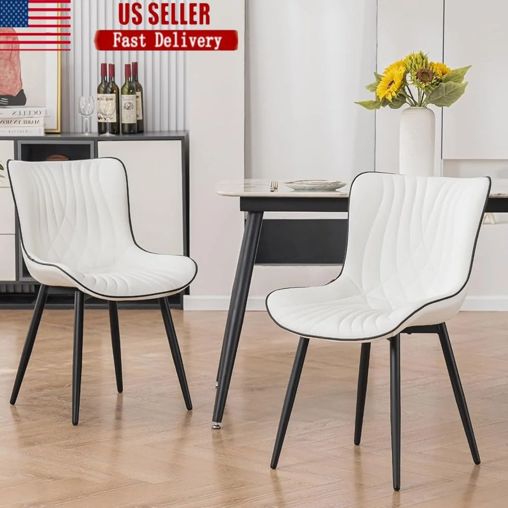 

White Dining Chairs Set of 2 Faux Leather Upholstered Ergonomic Armless Mid Century Kitchen Dining Room Chair with Back Sturdy