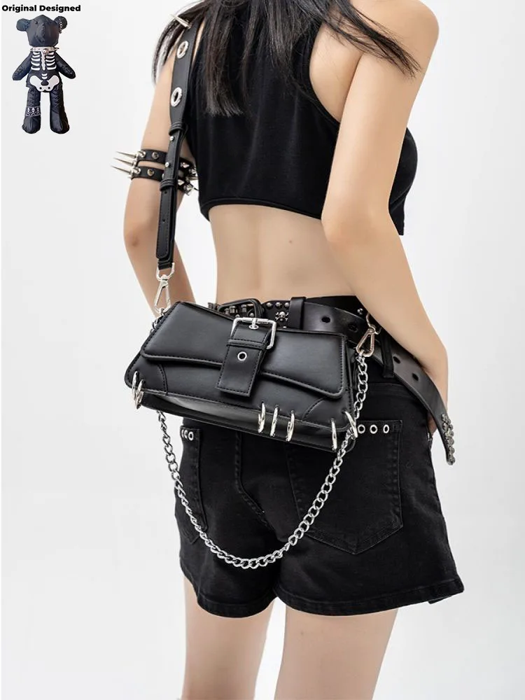 Y2K Vintage Gothic Cool Underarm Tote Bag Rivet spike Chain One Shoulder Handbag Leather Rock Girls Crossbody Bags