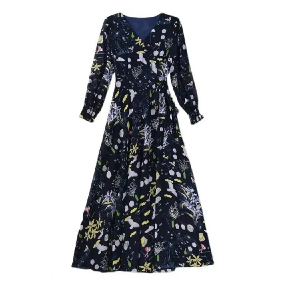 New in Dress for Women 2023 Flower Print V Neck Long Sleeves Loose Hem A-line Dress-up Boho Spring Fall Dress Women Clothing