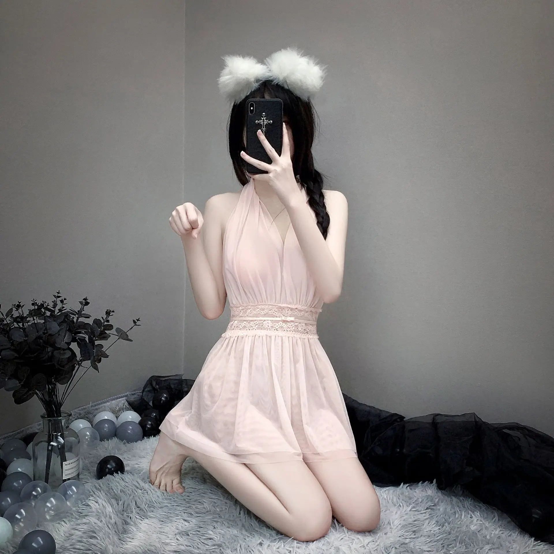 Ladies Sexy Pure Desire Pajamas Ladies Lace Pure Color Camisole Department Ms. V Necktie Morning Robe Outer Robe Homewear Set