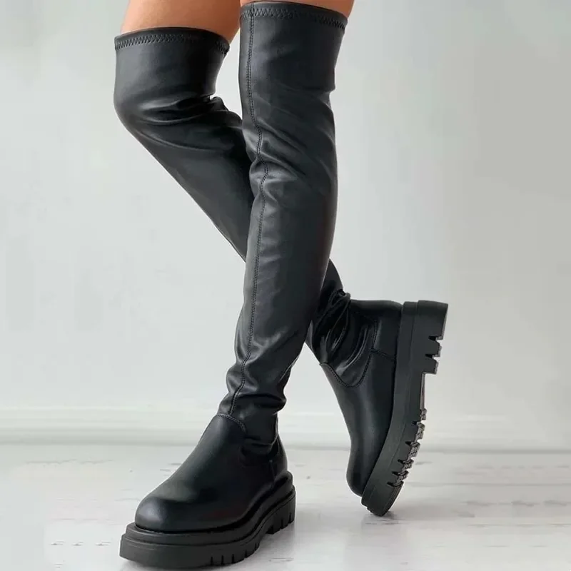 Botas por encima de la rodilla con plataforma para mujer, botas elásticas altas adelgazantes, botas de caballero con tacón de cuña, botas hasta la