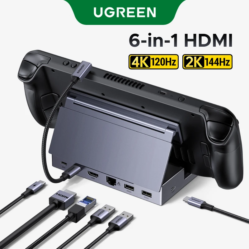 

Док-станция UGREEN USB C HUB Steam Deck 6-в-1 Type-C до 4K120 Гц HDMI 5 Гбит/с USB-A/C PD100W 1000 Мбит/с RJ45 для ROG Ally Legion
