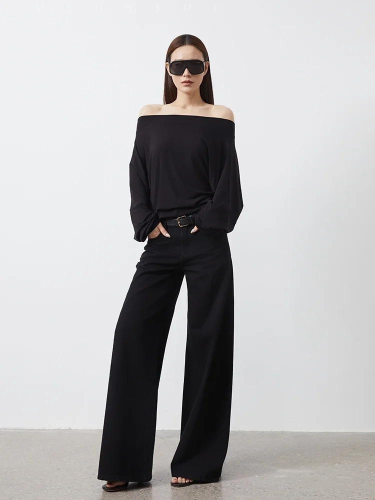 

MYONYOU повседневные свободные черные широкие джинсы, дизайн с эффектом похудения, хлопок l, молния на талии, женские осенние модные джинсы