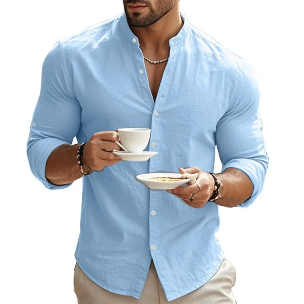 Men's Henry Shirts Cotton Linen Causal Hawaiian Solid Color Basic Style Spring Summer Breathable Men Clothing