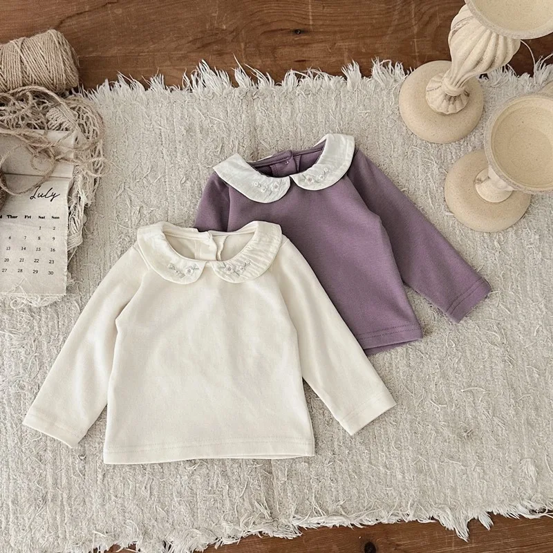 Baby Clothes Kids T Shirt 2024 Autumn and Winter Baby Embroidered Doll Collar Long-sleeved Blouse Girls Casual Simple Blouse