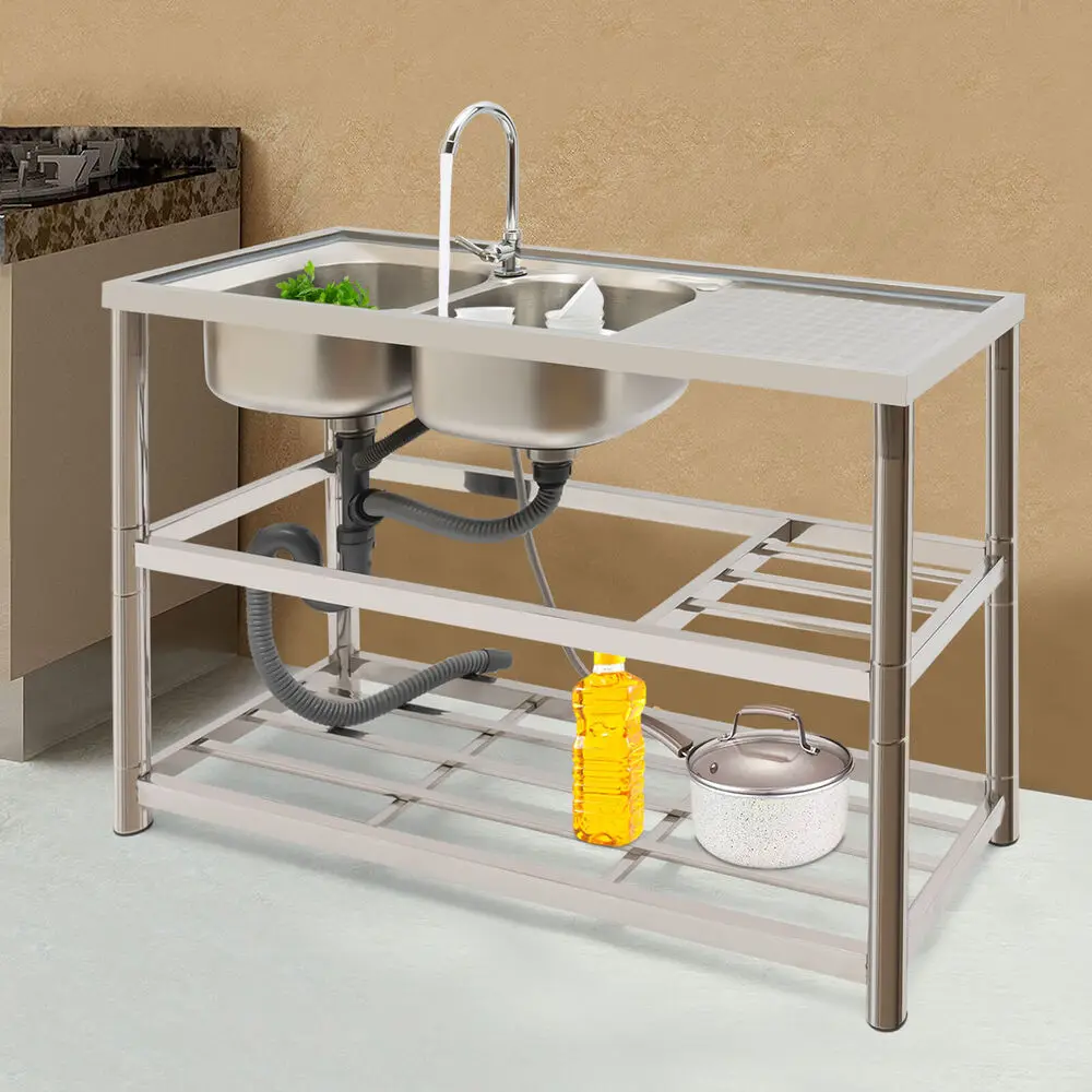 Stainless Steel 2-Compartment Sink Prep Table with Faucet Set for Commercial Kitchen