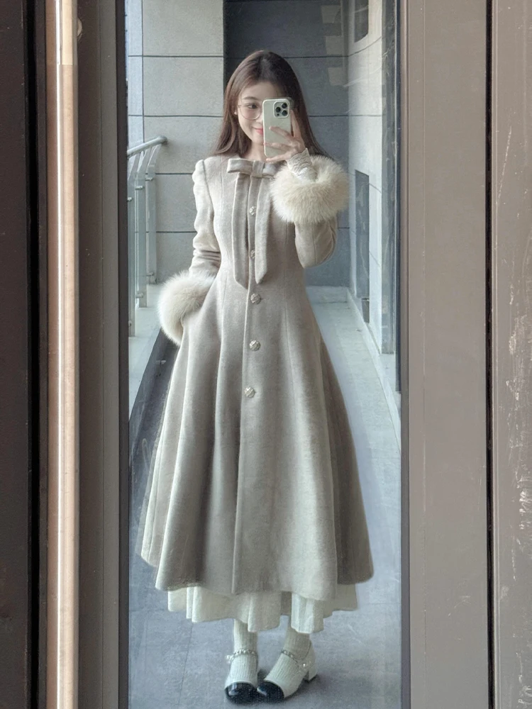 

Ele Long Woolen Coat Women's plus Size Winter Faion Waist-Cinching Tailored Outerwear Retro Commute Sle Polyester Fiber