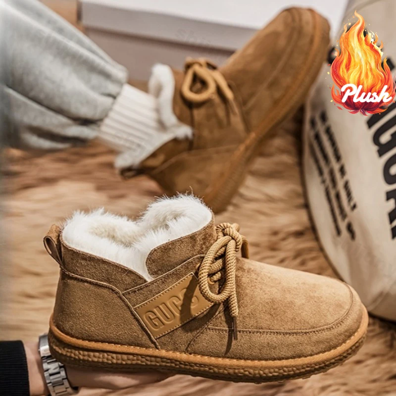 

2025 Winter Vintage Warm Thick Plush High Top Snow Shoes for Men Fashion Versatile Soft Comfortable Non Slip Fluffy Cotton Boots