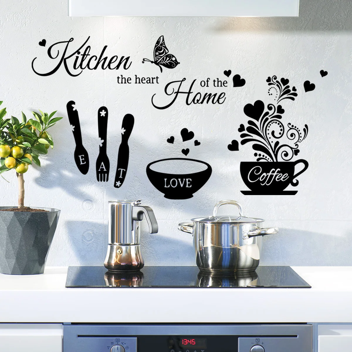 Contemporary Kitchen & Coffee Wall Decals Set with Cutlery Graphic - Polyvinyl Chloride Reusable Space-Themed Art for Home Decor