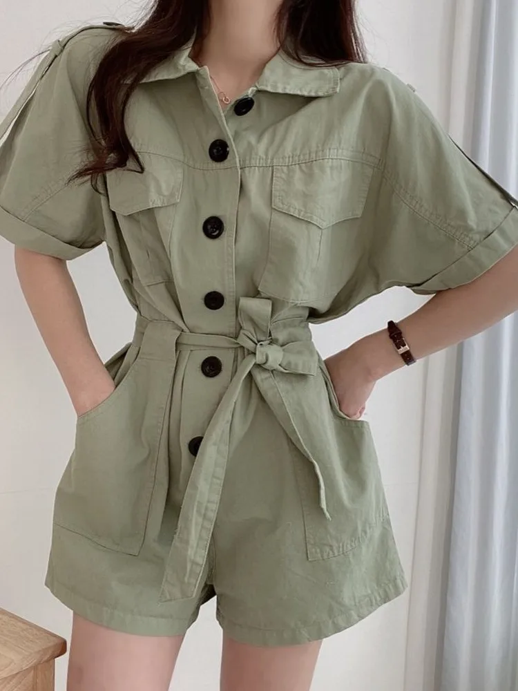 

Chic Summer Workwear Jumpsuit Women's Slimming Wide Leg Utili Pants Double ket Design Turn-down Collar ort Pants