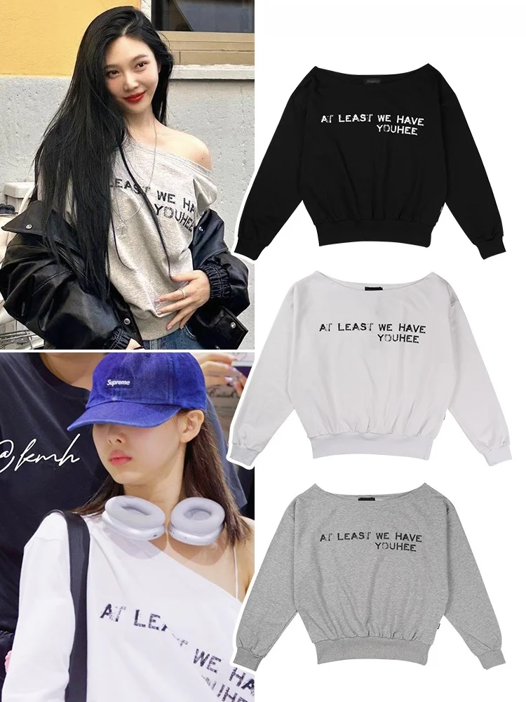 Sugar Home Homemade Joy Pu Xiurong Linna Lian Jiang Huiyuan Same Sle Sloping Shoulder off-Shoulder Letters Print Over fit h...