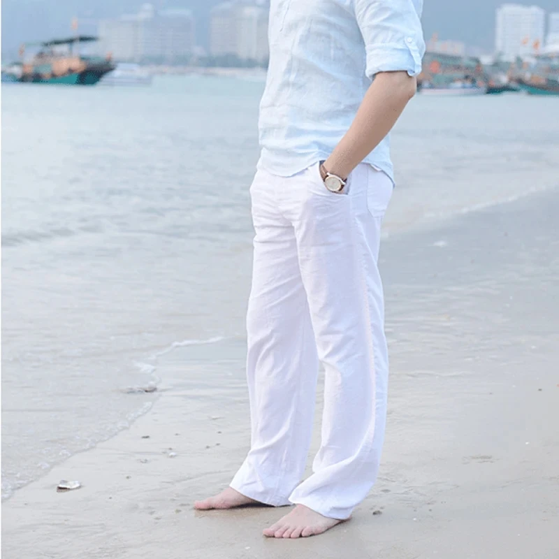 

Hot sales Men Casual Cotton Linen Wed Leg thai fisherman Loose Long Pant White Black Solid Color Autumn Summer M-3XL Outdoor vacation casual cotton and linen pants