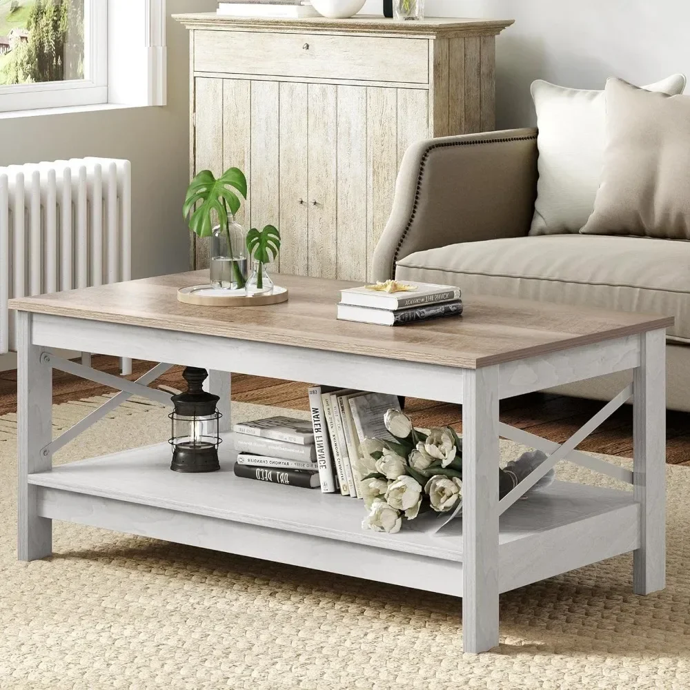 XMSJ-Modern Farmhouse Coffee Table com Armazenamento, 2 Piso Mesa de Madeira Sala, Frame resistente