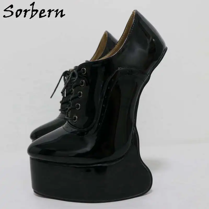 Sorbern Black Shiny Lace Up Bdsm Heelless Shoes 20cm High Heels Thick Platform Pump Patent Unisex Platform Shoes Plus Size 46