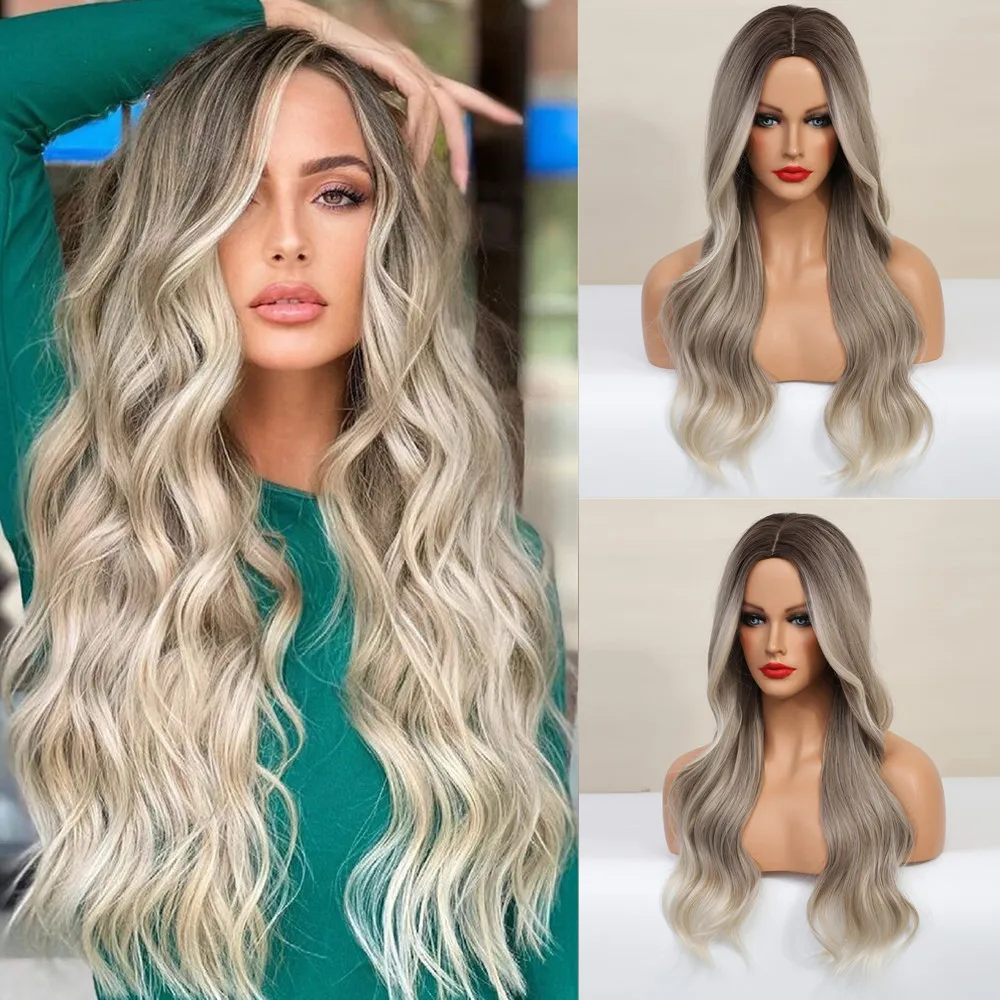 Synthetic Lace Wigs For Women Ombre Blond Lace Wigs Body Wave 26 Inches Long Wavy Cosplay Wigs T Part Lace Wig Heat Resistant